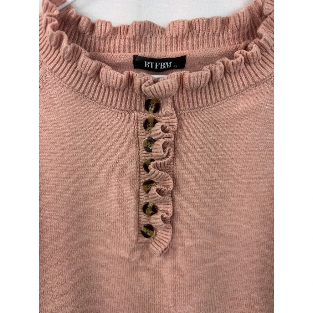 BTFBM Sweater‎ Womens XL Pink Ruffle Henley Coquette Twee Cottagecore Knit